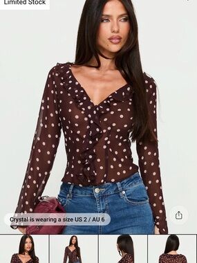 Princess Polly Brown Polka Dot Ruffle Sheer Blouse